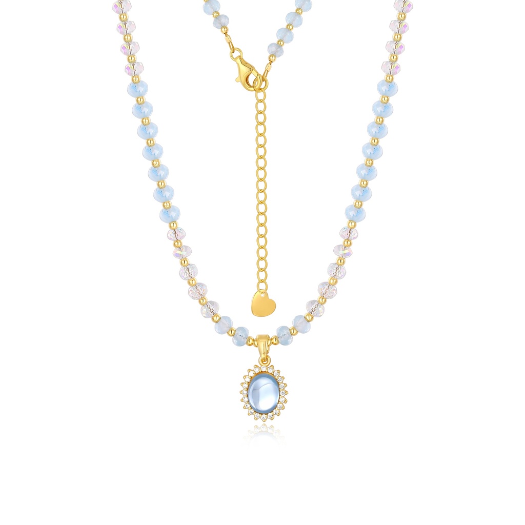 Delicate Blue Crystal Necklace with Gold Beads and Charm