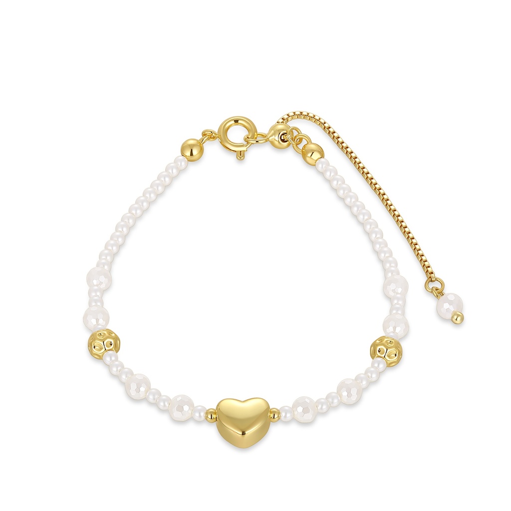 Delicate pearl bracelet featuring gold heart and beaded details