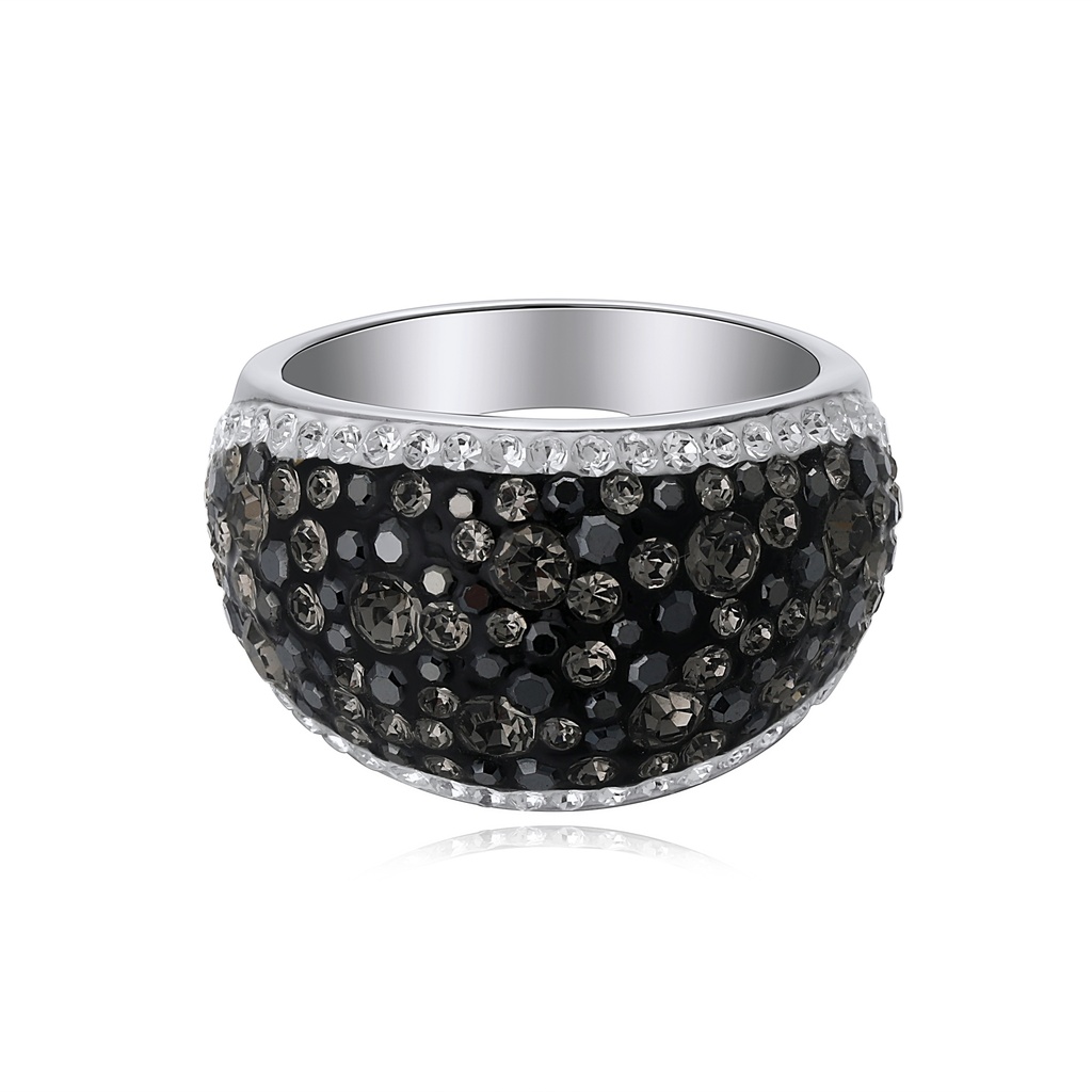 Dome-Shaped Black and Silver Paved Crystal Stainless Steel Ring