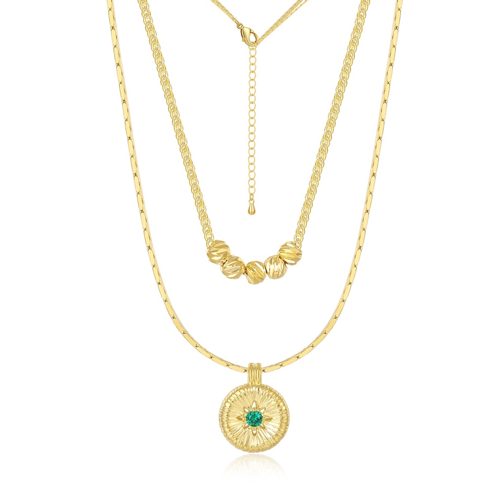 Double Layer Necklace with Emerald Sunburst and Gold Bead Detail
