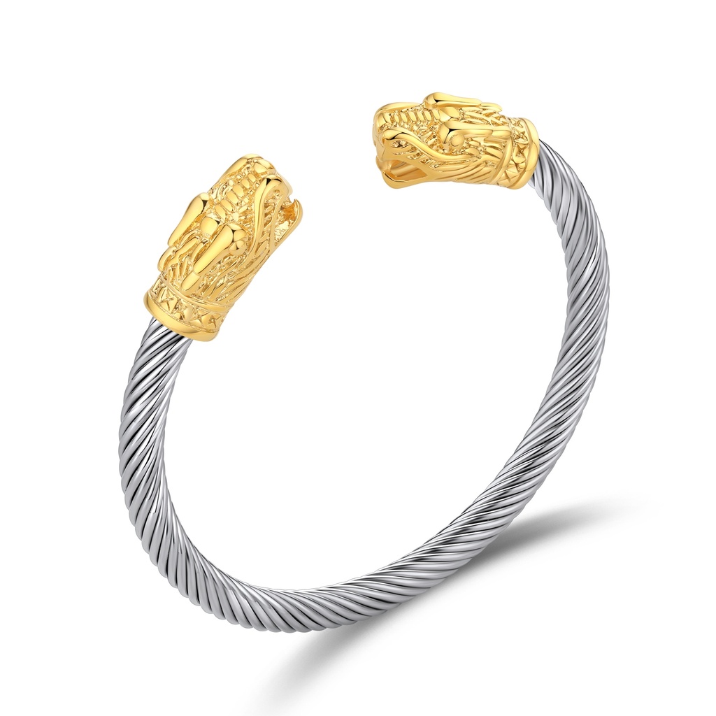 Dragon Head Cable Wire Stainless Steel Open Cuff Bracelet