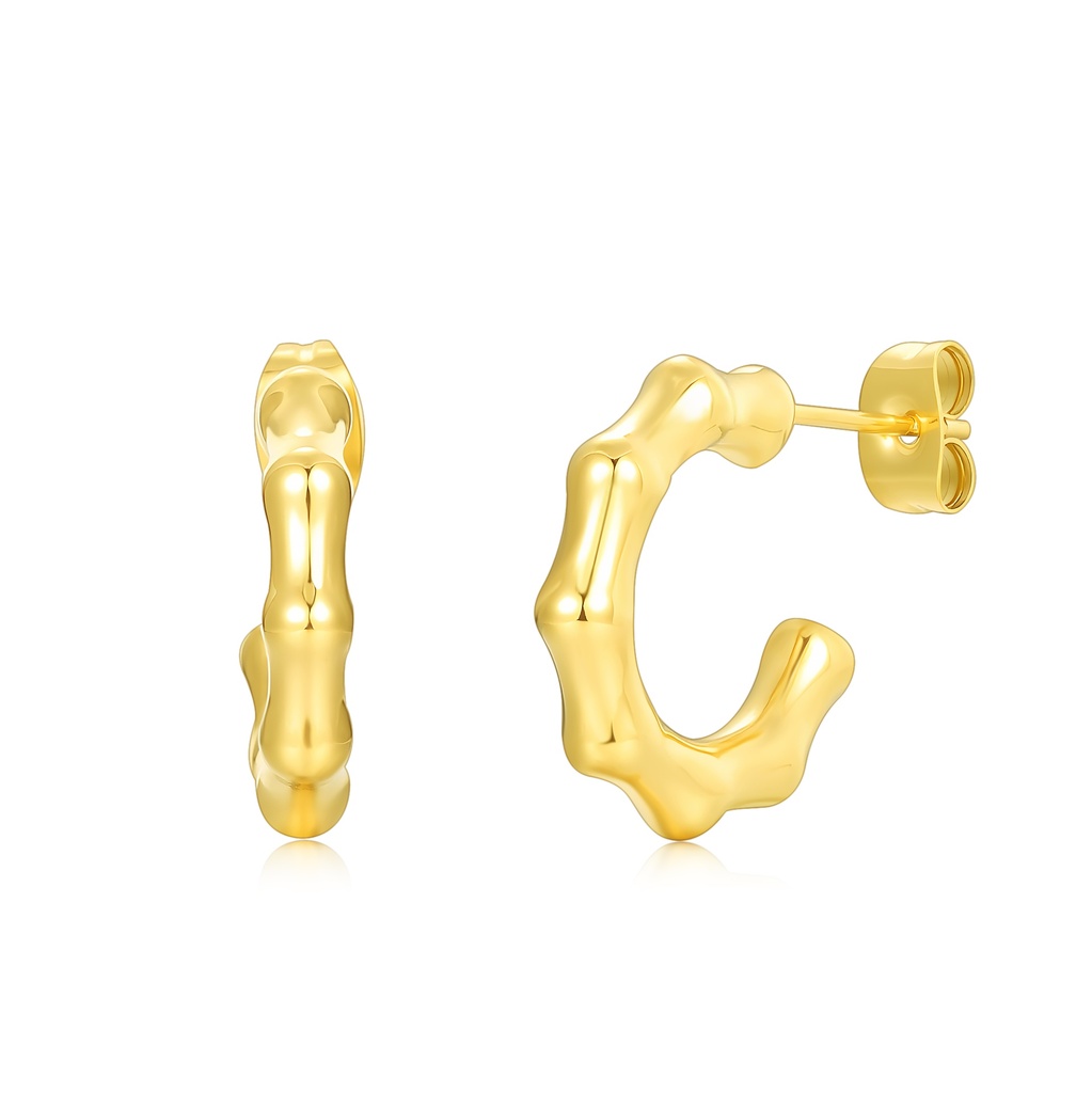 Bamboo-Inspired Gold Hoop Earrings Unique Organic Texture Stainless Steel