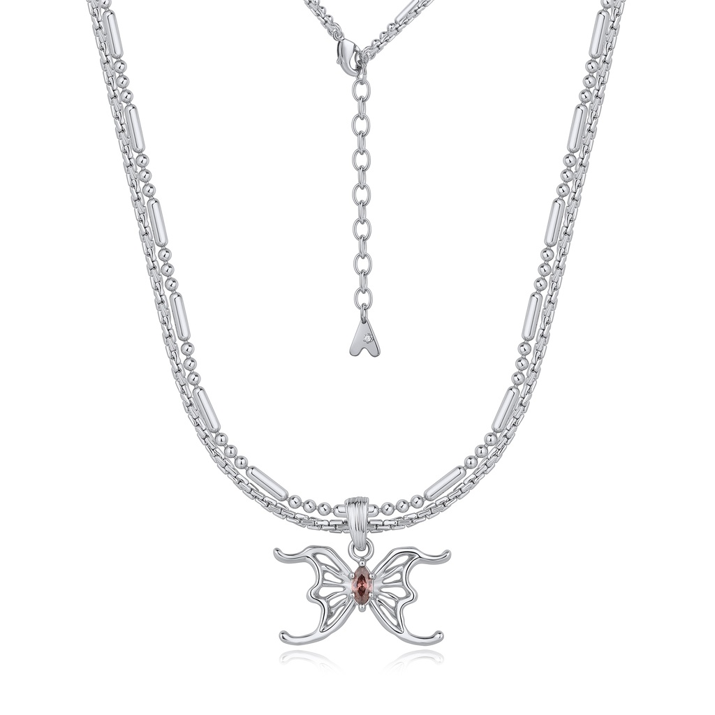 Dual Chain Silver Necklace with Delicate Butterfly and Gemstone