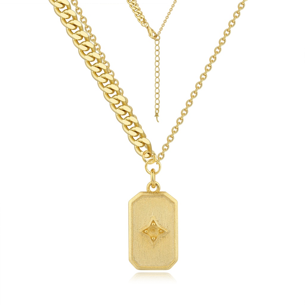 Dual Layer Gold Pendant Necklace with Textured Tag Design