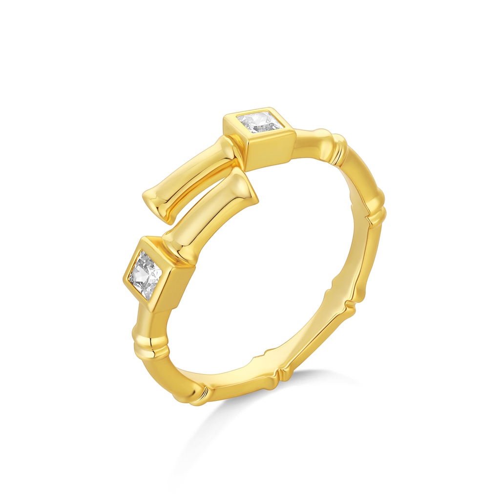 Bamboo-Inspired Minimalist Golden Ring With Square Crystals