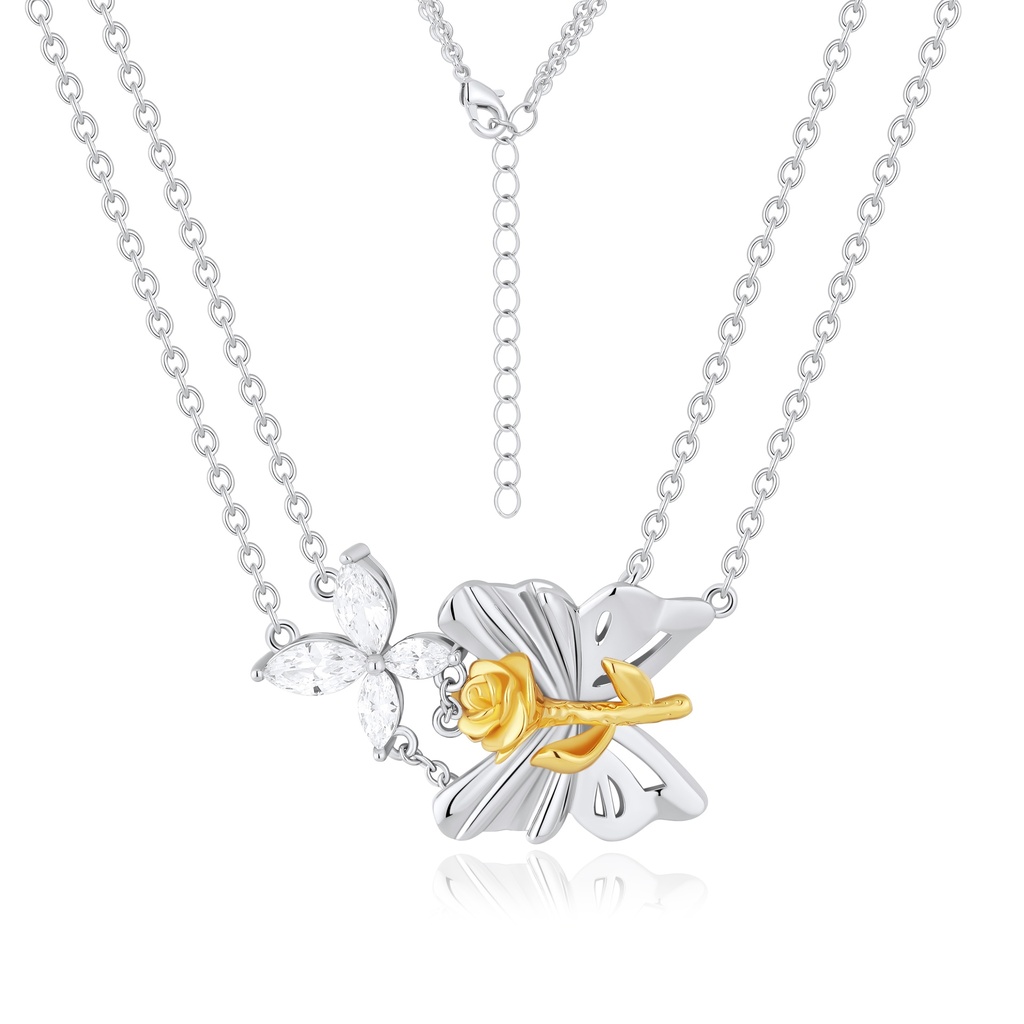 Dual-Tone Butterfly and Rose Necklace with Crystal Detail