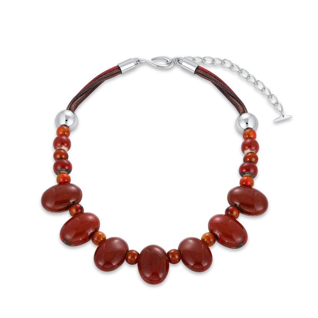 Earthy Red Stone Bead Necklace with Textured Cord Finish