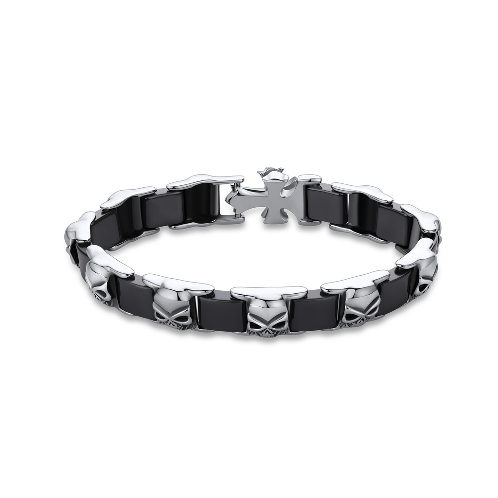 Edgy Skull Design Stainless Steel Bracelet with Black Enamel Inlays
