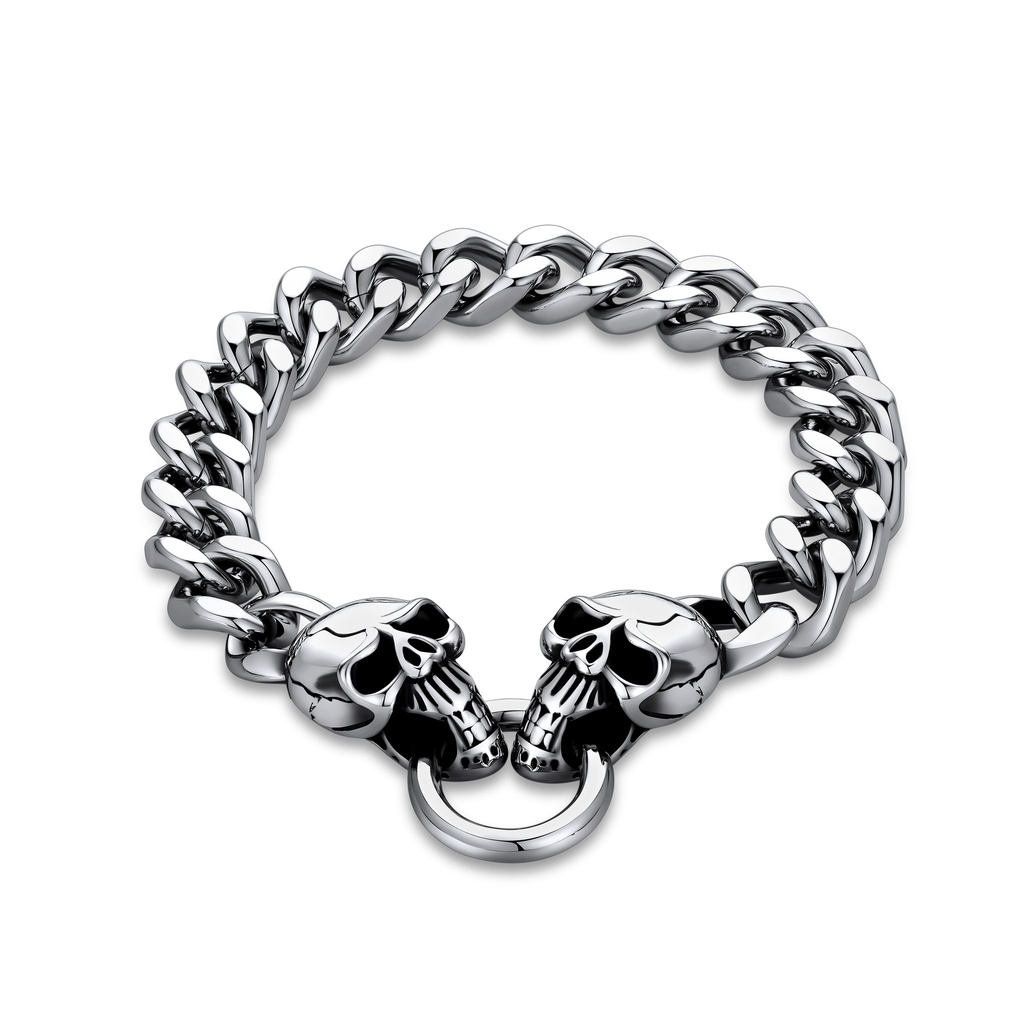 Edgy Stainless Steel Chain Bracelet with Skull Clasp and Ring Detail