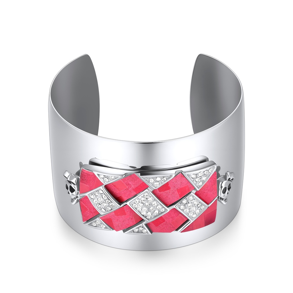 Edgy Wide Cuff Bracelet with Red Crystals and Skulls