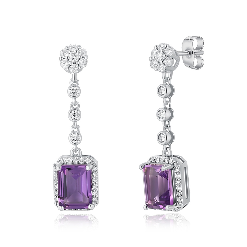 Elegant Amethyst Drop Earrings with Sparkling Halo and Silver Chain