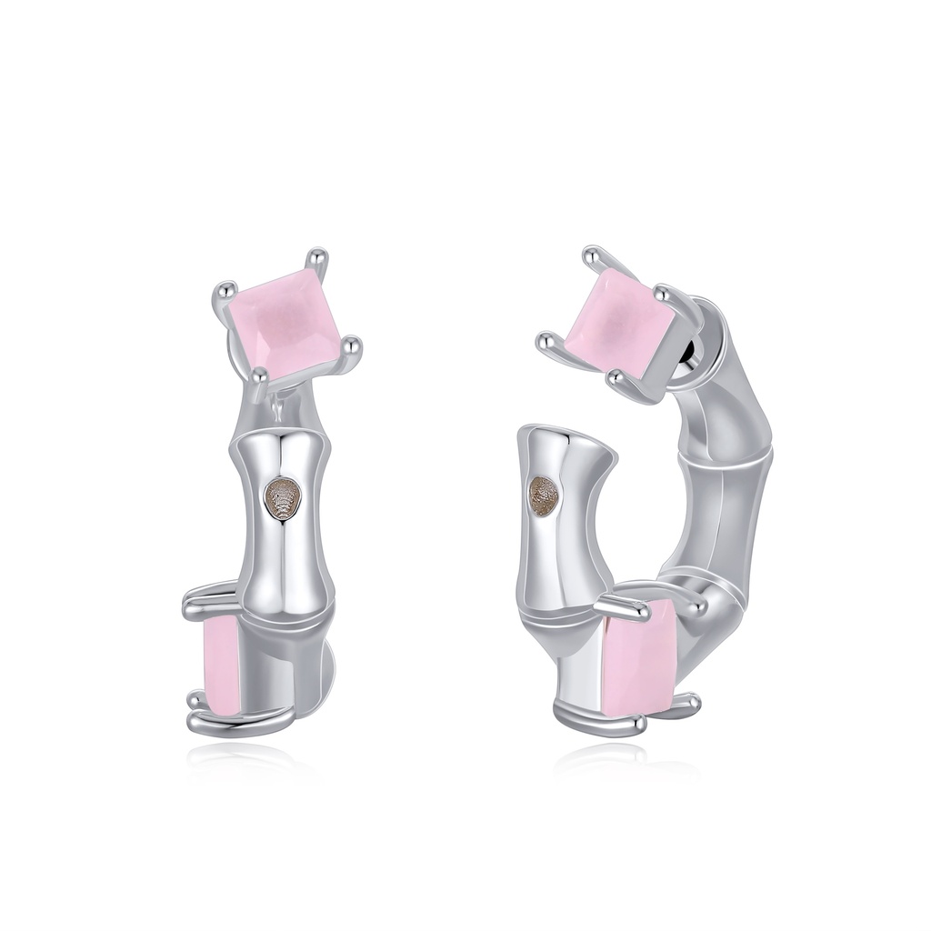 Elegant Bamboo Hoop Earrings with Soft Pink Gemstone Accents