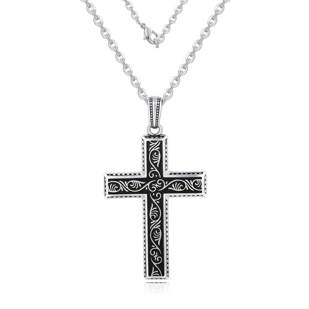 Elegant Black Enamel Cross Necklace with Intricate Silver Detailing