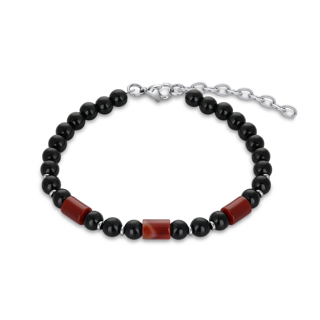 Elegant Black Onyx and Red Agate Stainless Steel Bracelet
