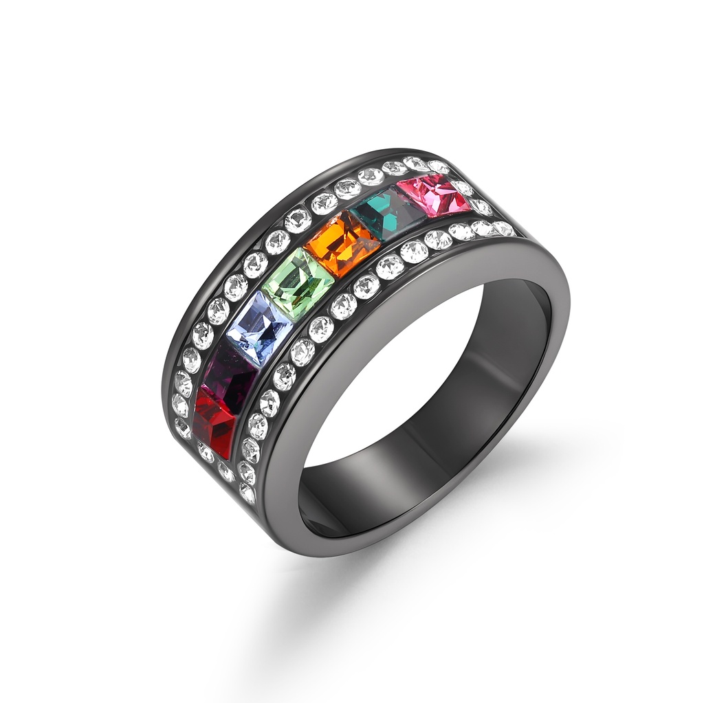Elegant Black Stainless Steel Ring with Rainbow Crystal Accents