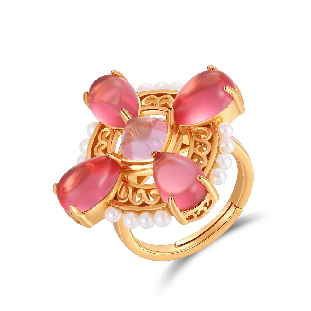 Baroque Floral Pearl Ring with Teardrop Pink Gemstones