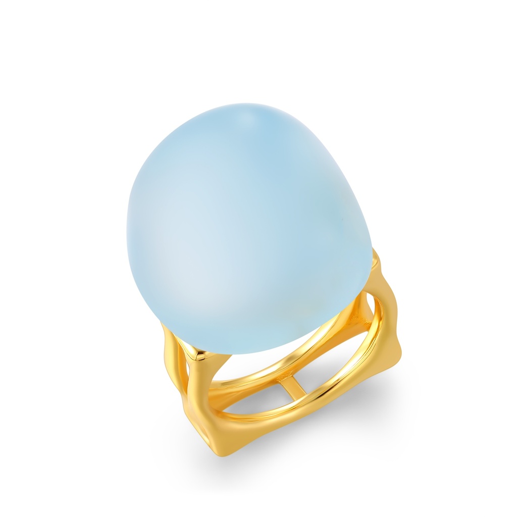 Elegant Blue Oval Gem Stainless Steel Ring with Golden Band