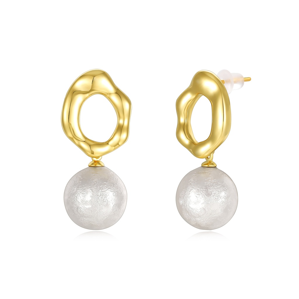 Abstract Oval Pearl Drop Gold Tone Earrings