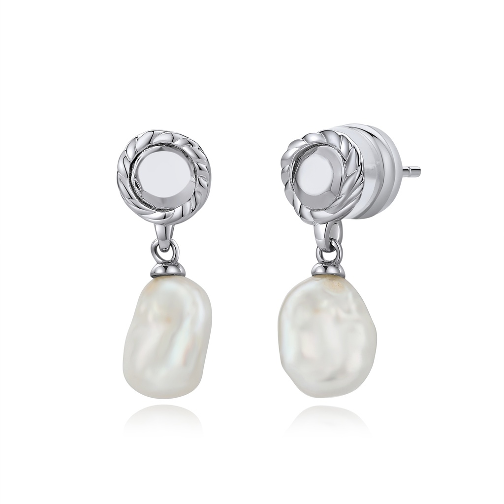 Baroque Pearl Dangle Earrings with Textured Brass Stud Accent