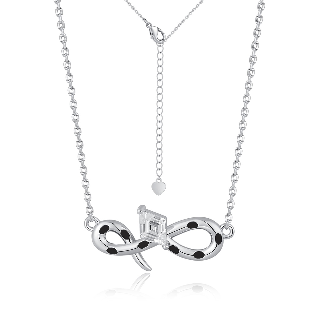 Elegant Bow Infinity Necklace with Black Enamel and Crystal Charm