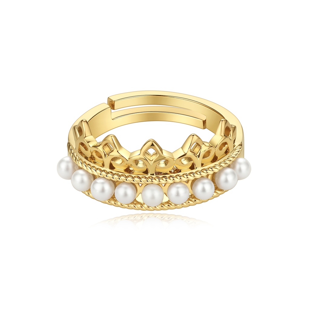 Elegant Brass Crown Ring with White Faux Pearl Embellishments