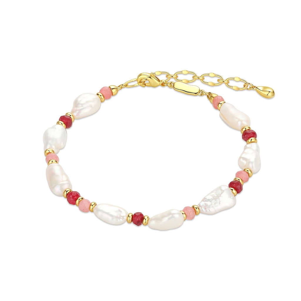 Baroque Pearl and Pink Red Bead Brass Chain Bracelet