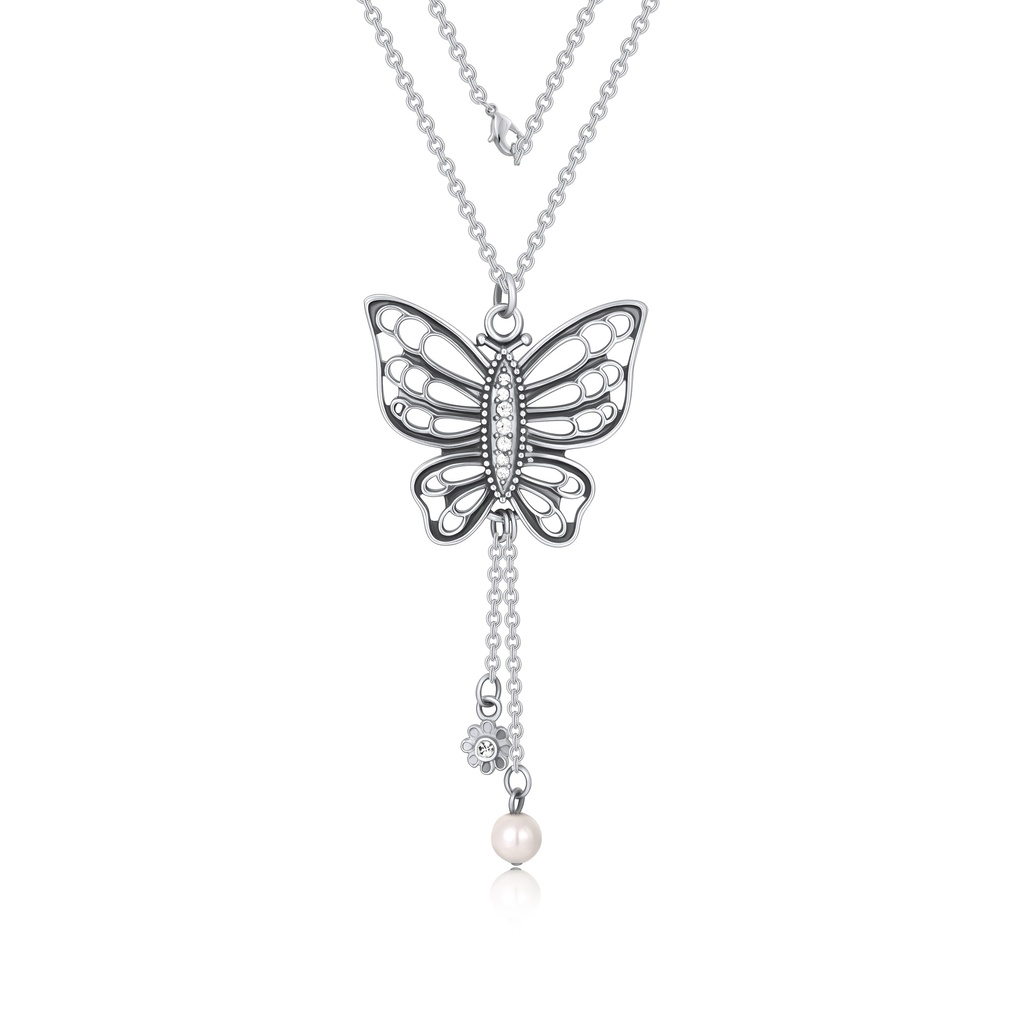 Elegant Butterfly Pendant Necklace with Pearl and Crystal Accents