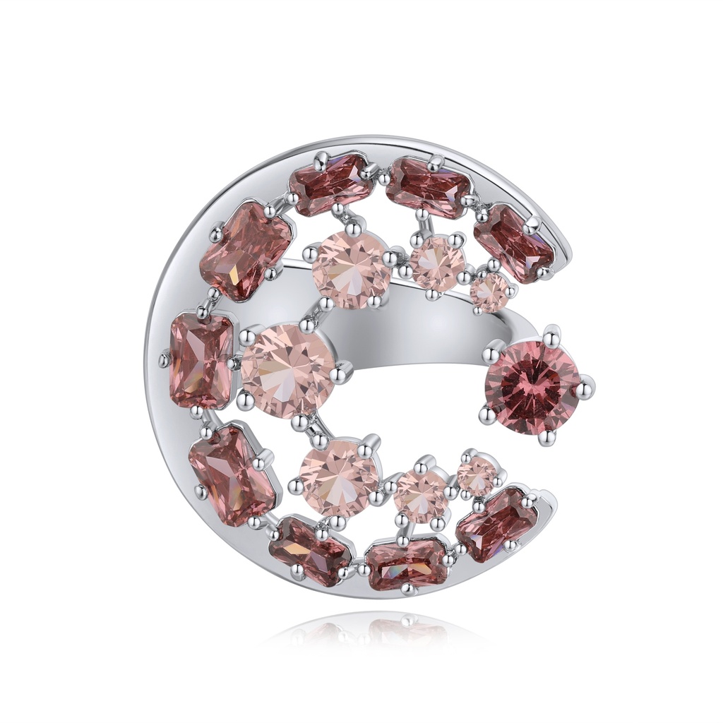 Elegant Crescent Moon Ring with Sparkling Pink CZ Crystals