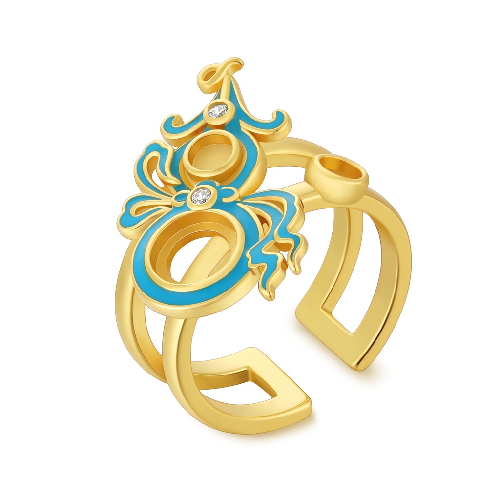 Baroque Style Blue Enamel Brass Ring With Crystal Details