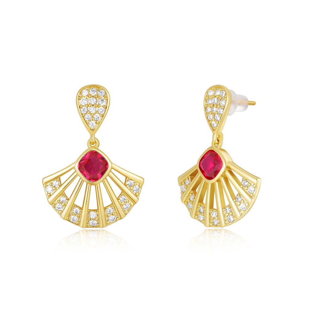 Elegant Fan-Shaped Brass Earrings with Ruby and Zircon Sparkle