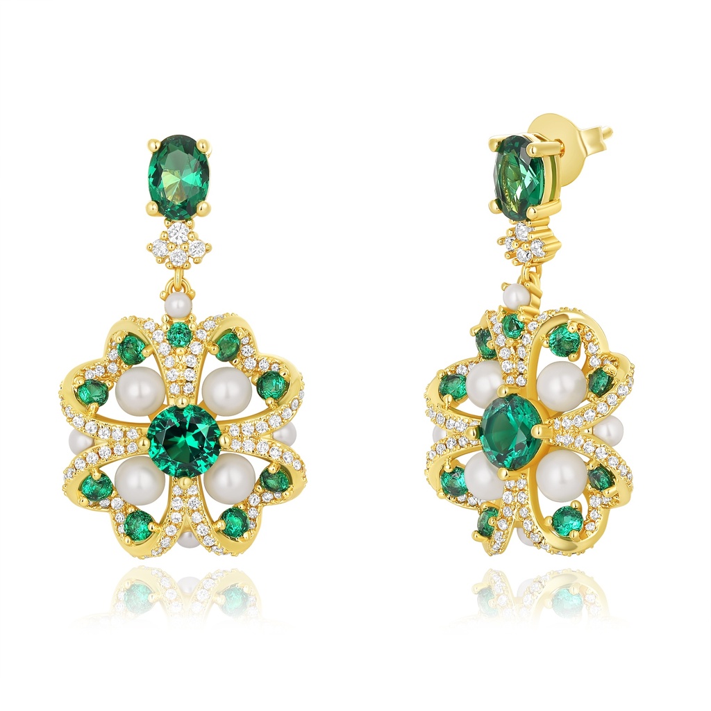Elegant Floral Drop Earrings with Green Crystals and Pearls