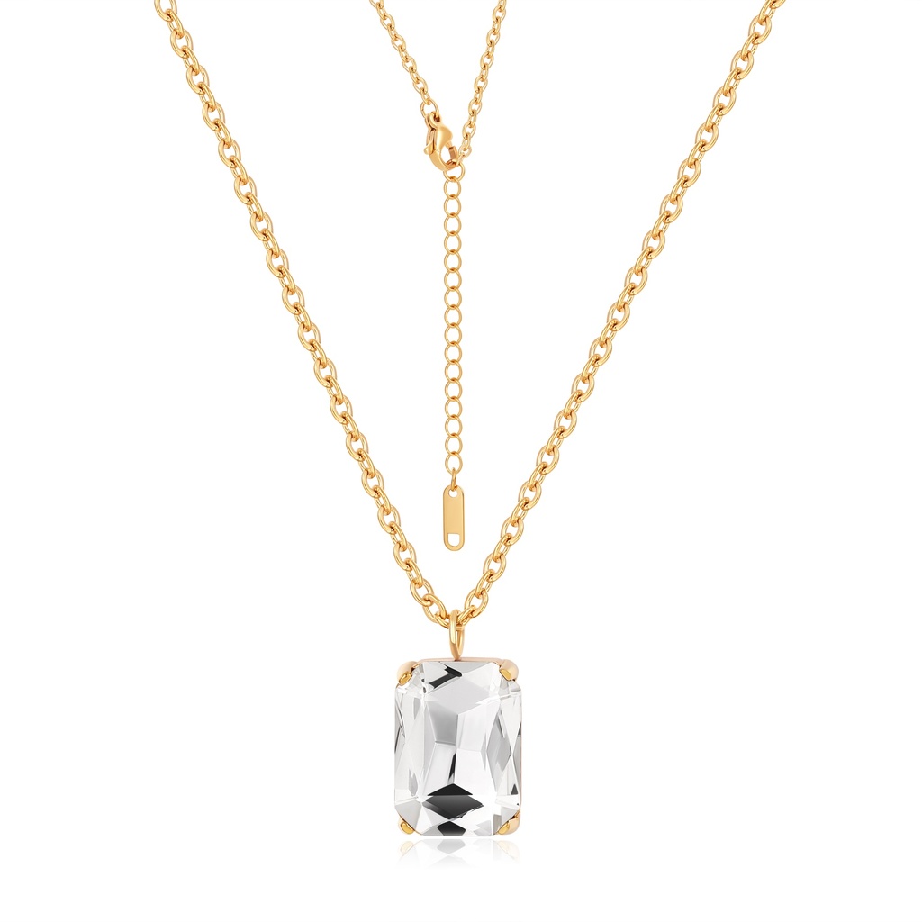 Elegant Gold Necklace with Large Clear Rectangular Gemstone Pendant