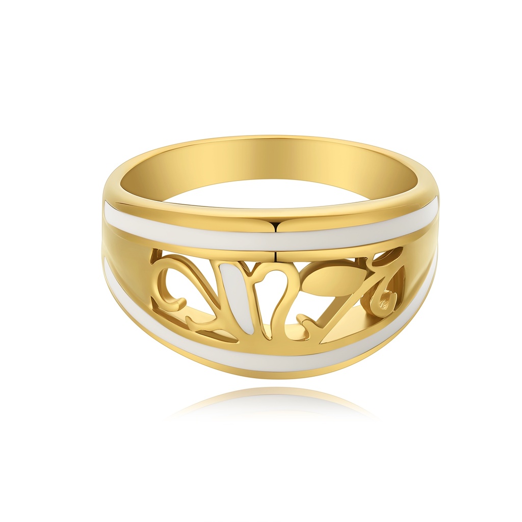 Elegant Gold Ring – White Inlay, Hollow Design, Timeless Beauty