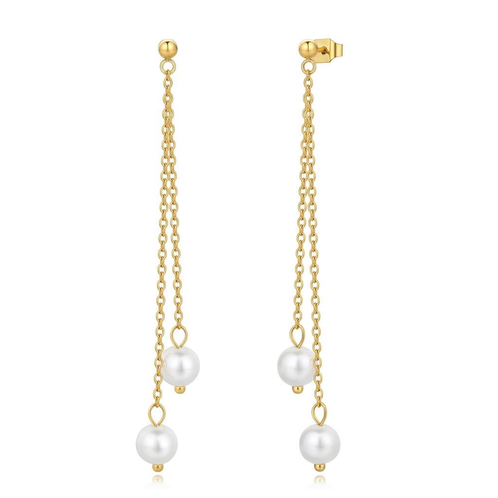 Elegant Gold Stainless Steel Drop Earrings with Simulated Pearl Charms