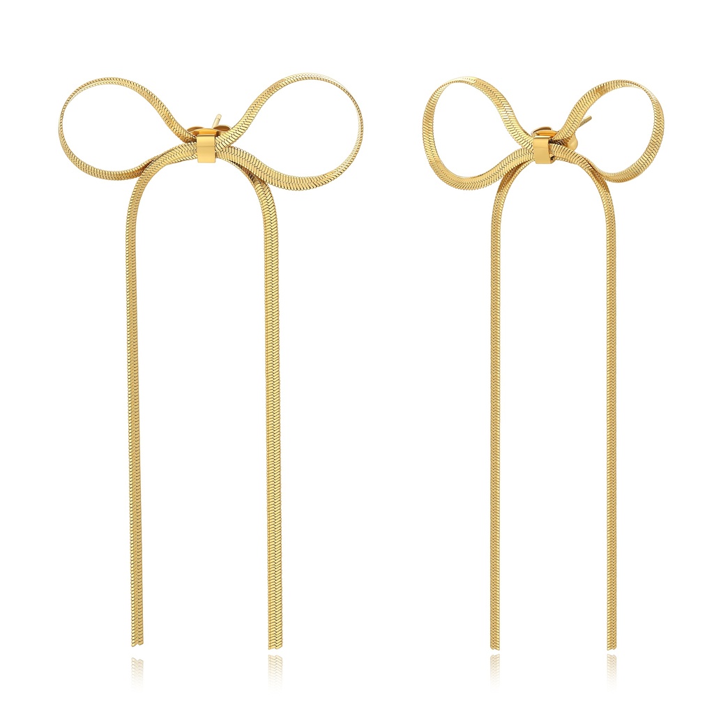 Elegant Gold Stainless Steel Long Ribbon Bow Drop Earrings