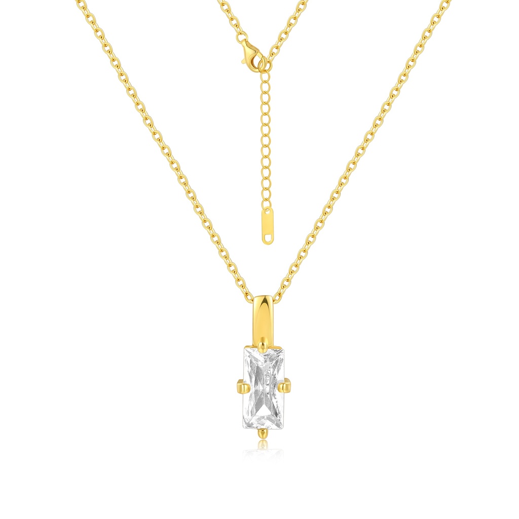 Elegant Gold Stainless Steel Necklace with Rectangular Clear Crystal