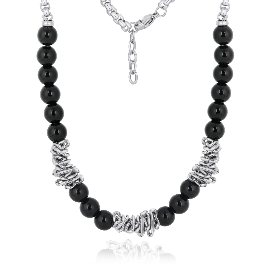 Black Bead Necklace with Twisted Stainless Steel Accent Design