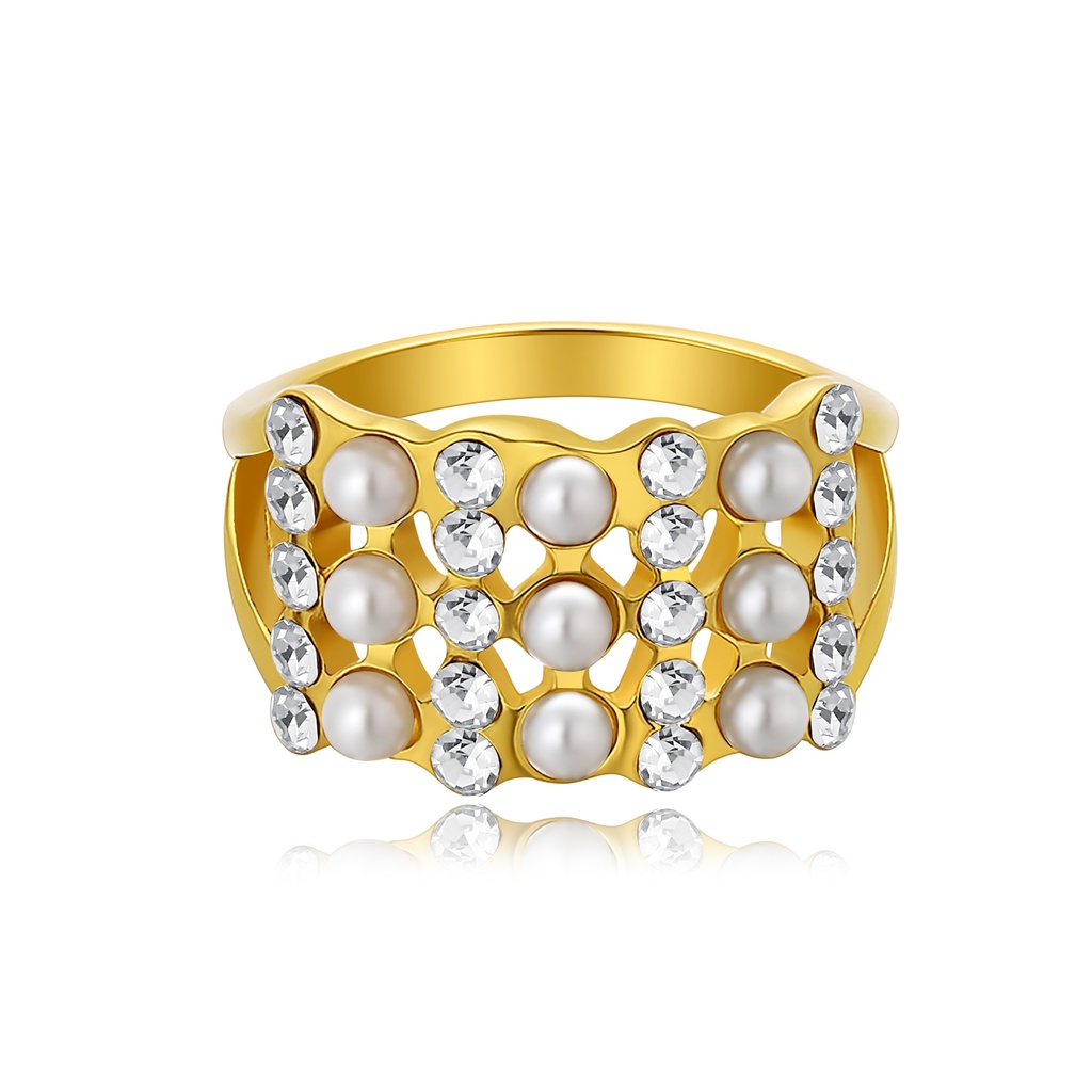 Elegant Gold Stainless Steel Ring with Pearls and Crystals