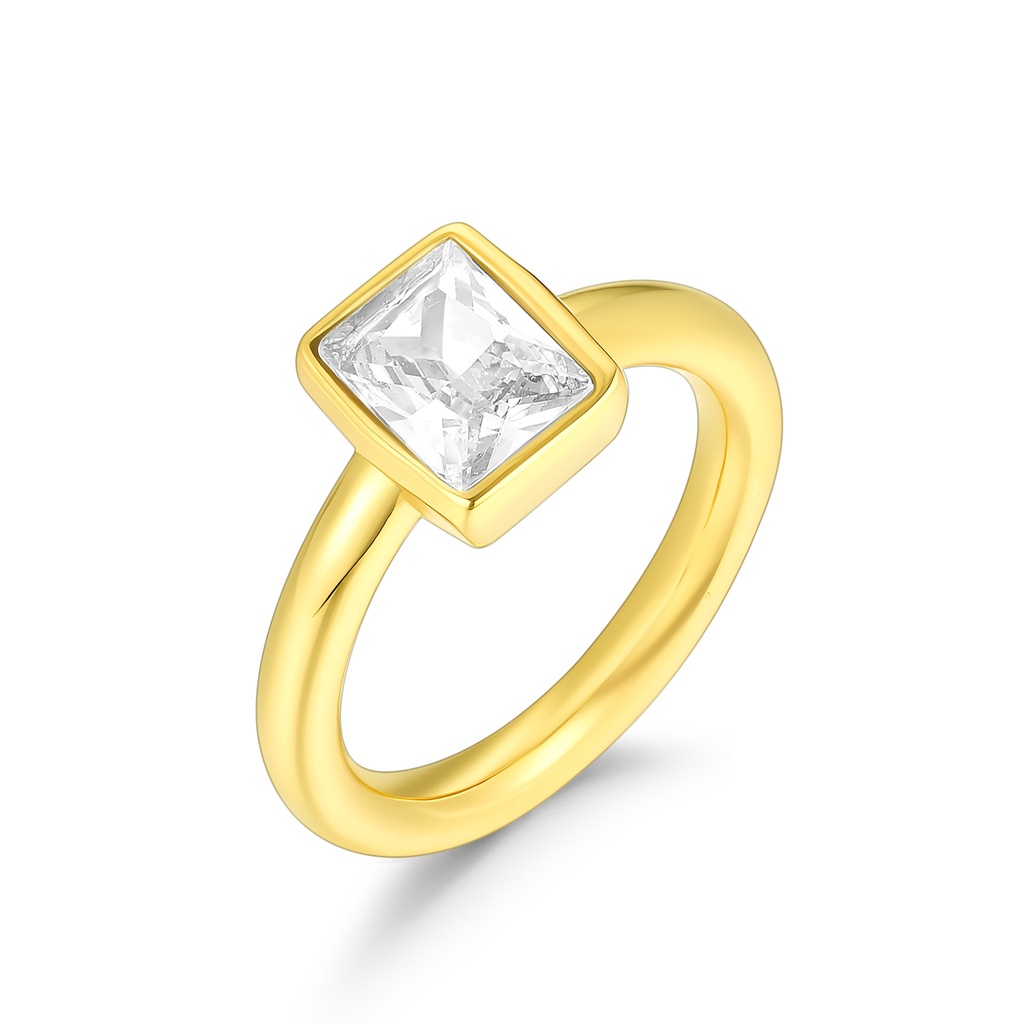 Elegant Gold Stainless Steel Ring with Square Clear Crystal