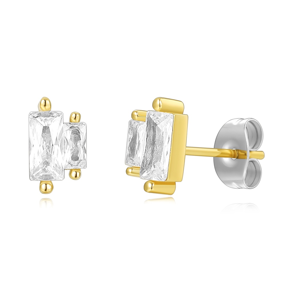 Elegant Gold Stud Earrings with Rectangular Clear Crystal Design