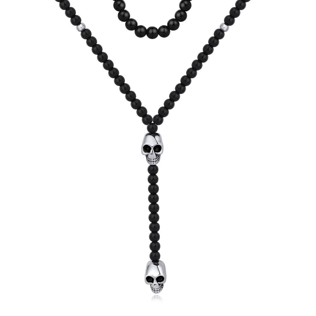Black Beaded Stainless Steel Skull Necklace for Men Gothic