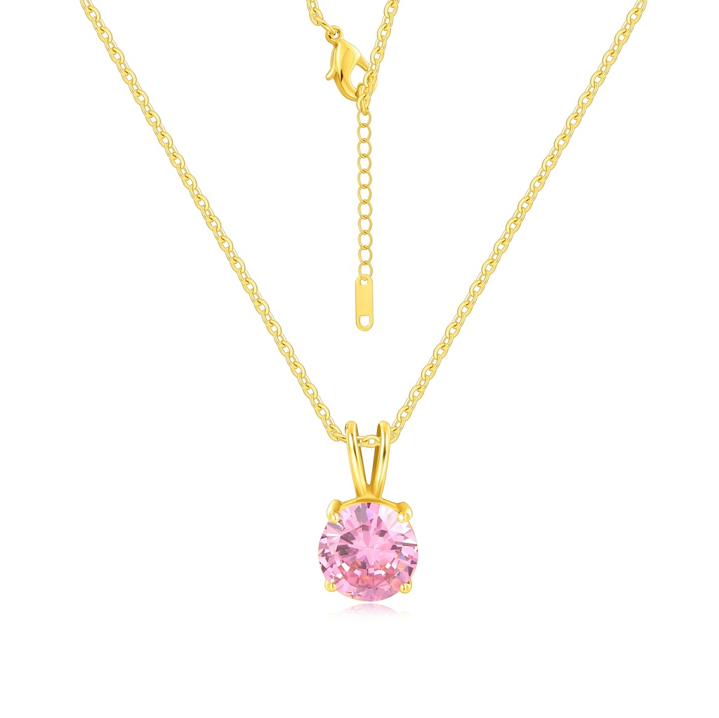 Elegant Gold-Plated Necklace with Round Pink Sparkling Gemstone Pendant