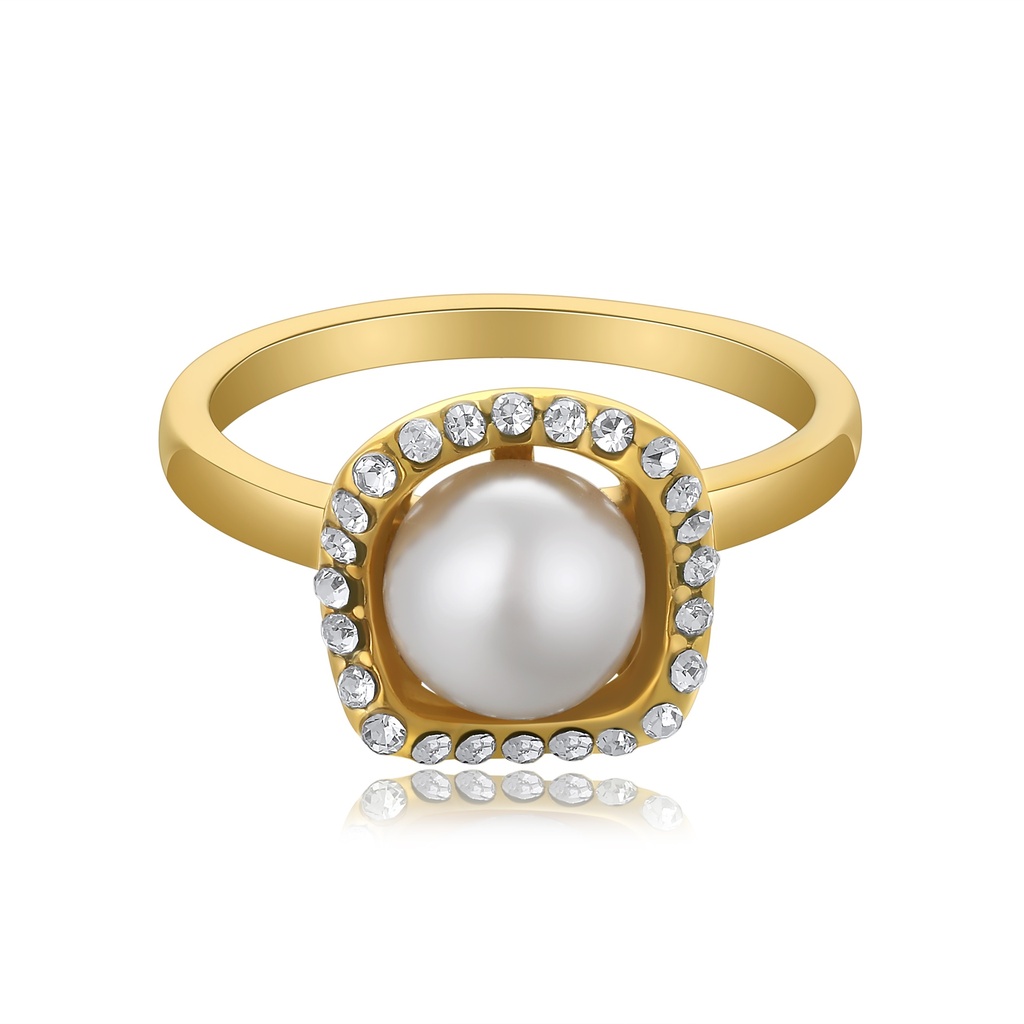 Elegant Gold-Plated Stainless Steel Ring with Pearl and Crystals