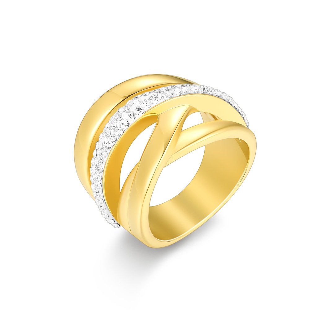 Elegant Gold-Tone Stainless Steel Crossover Ring with Crystals