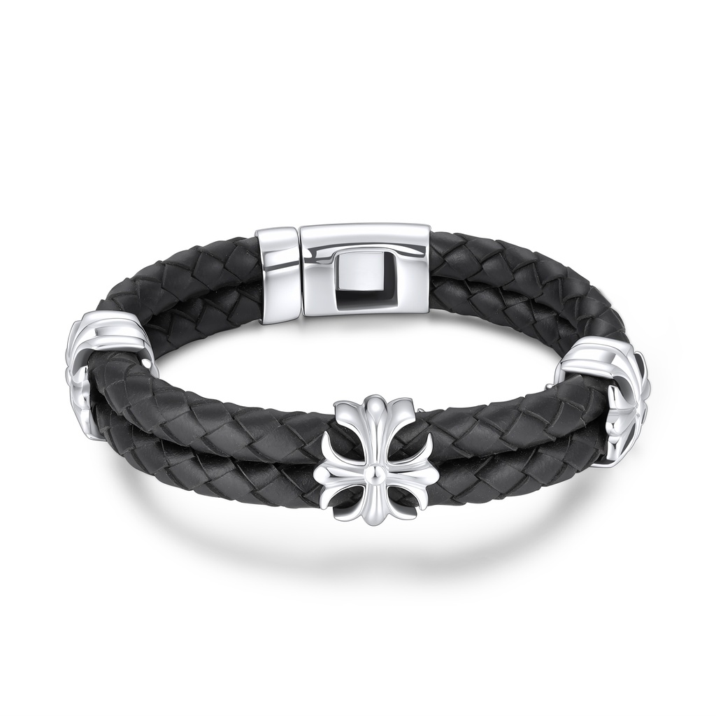 Black Braided Leather Bracelet with Stainless Steel Gothic Cross Accents