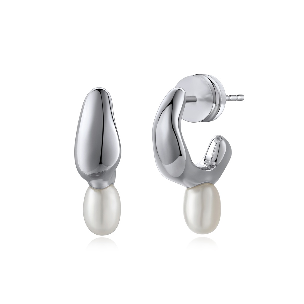 Abstract Silver Brass Earrings with Oval Pearl Drop