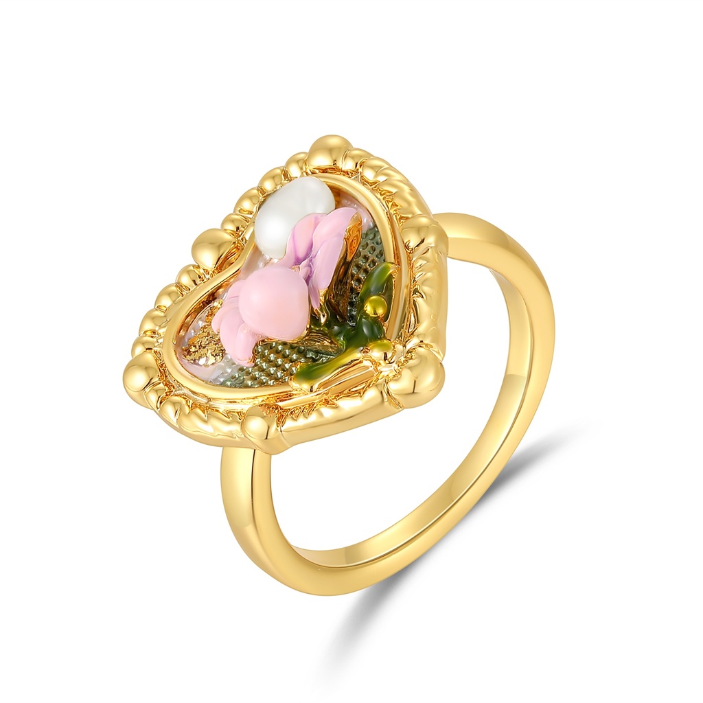 Elegant Heart-Shaped Frame Ring with Pastel Floral Embellishments