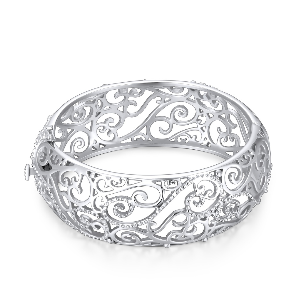 Elegant Hollow-Carved Stainless Steel Bangle with Scrollwork Design