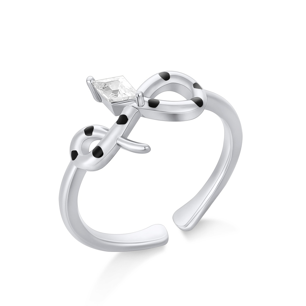 Elegant Infinity Twist Ring With Black Dots And Crystal