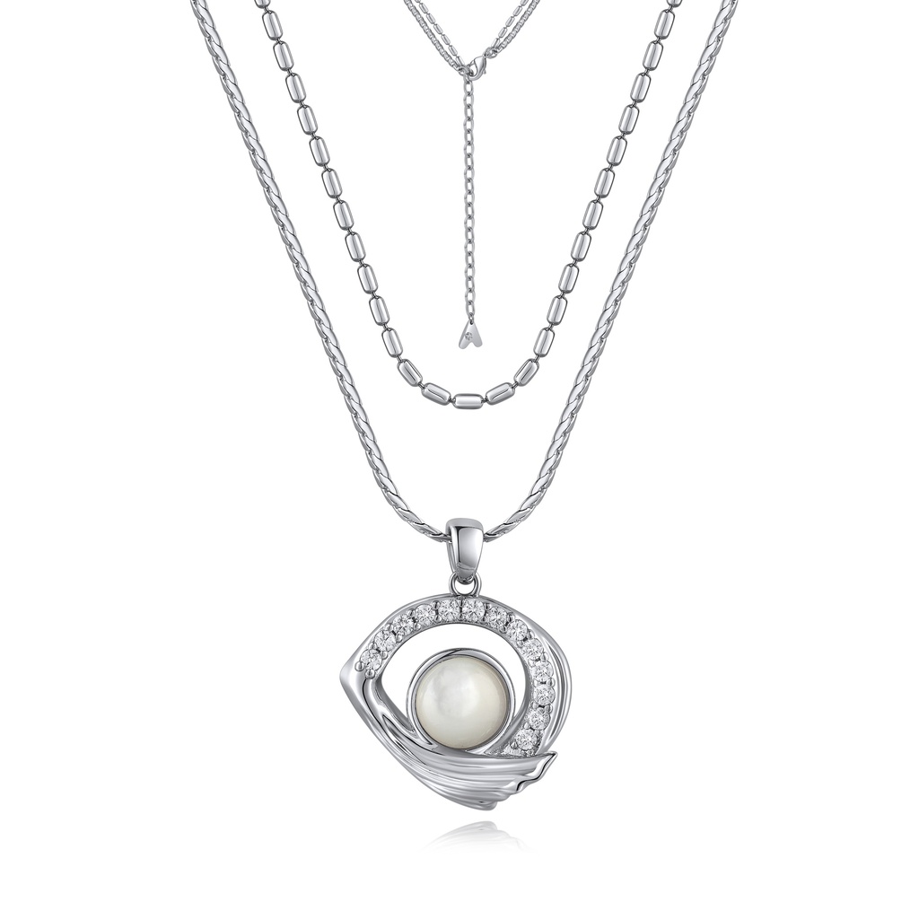 Elegant Layered Silver Brass Necklace with Pearl and Crystals